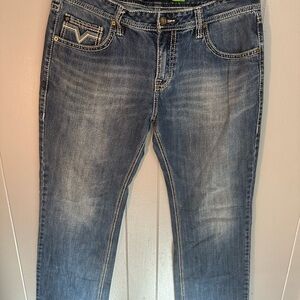 Rock & roll denim pistol straight Blue Relaxed Jeans with Vintage Fading 38x36